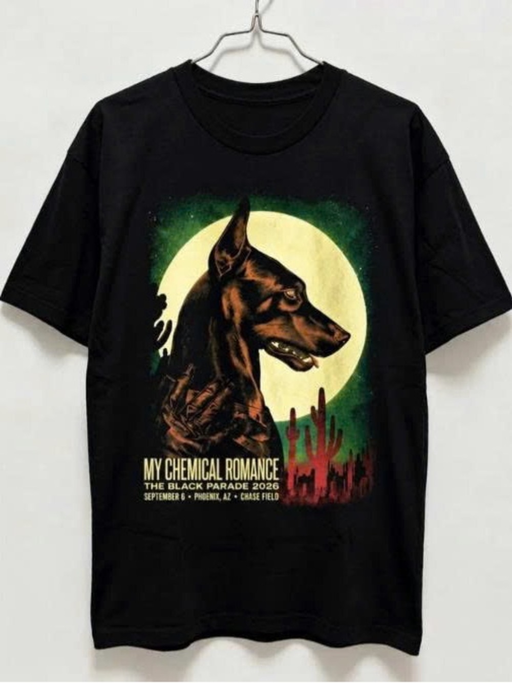 Black Tee with Green, Cream & Red Graphic Dog Design